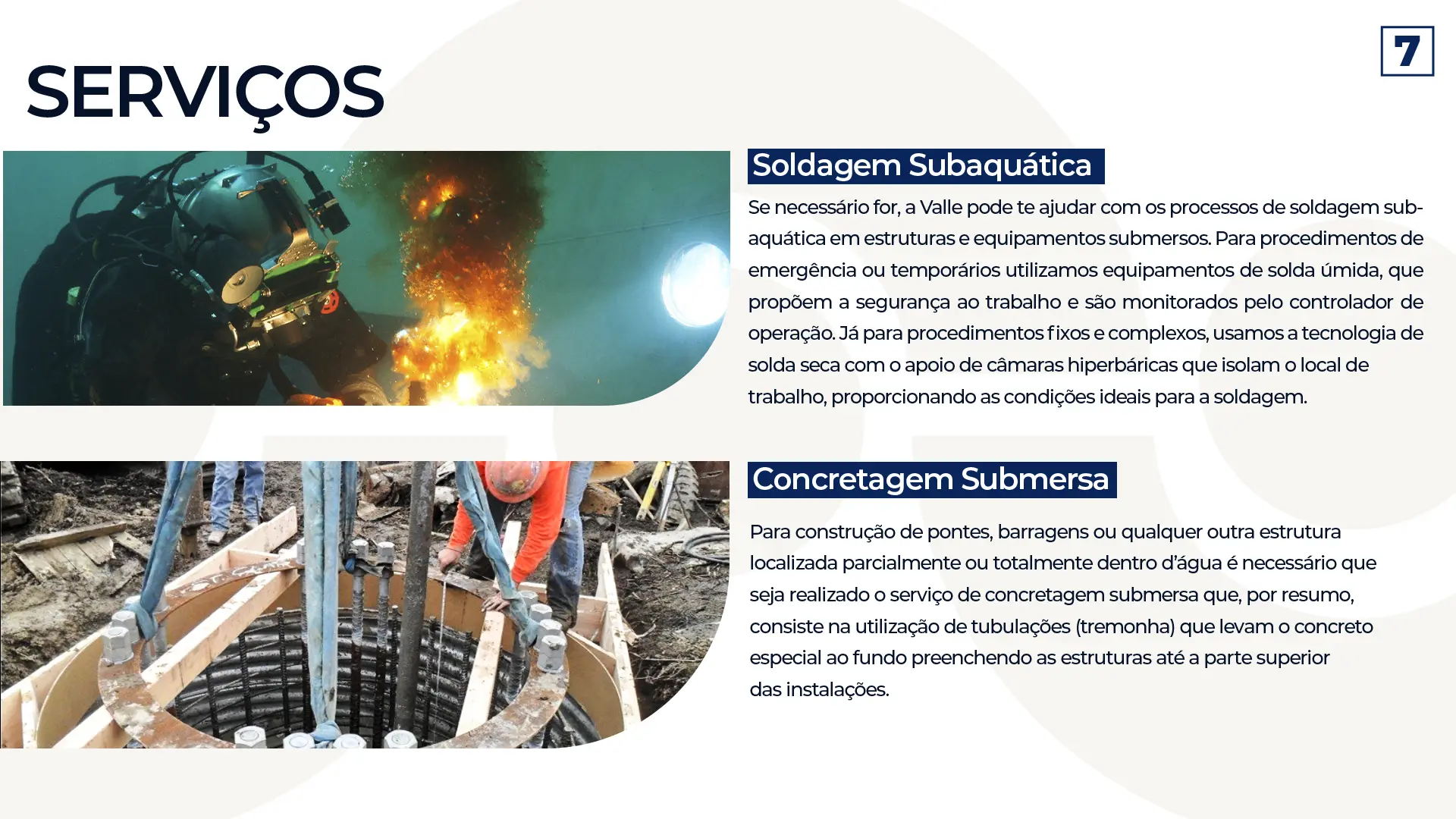 Serviços, soldagem subaquática e concretagem submersa